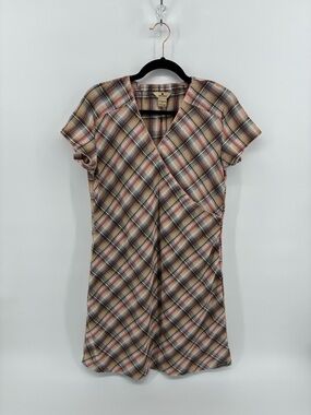 Woolrich Plaid Short Sleeve Wrap Chest Dress in Cream and Brown